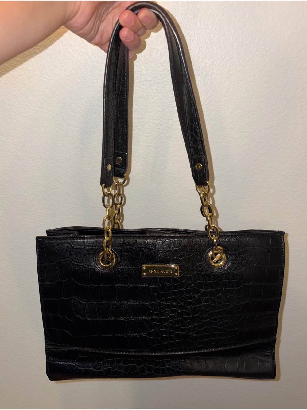 Anne Klein Black Croc-Embossed Shoulder Bag with Gold Hardware
